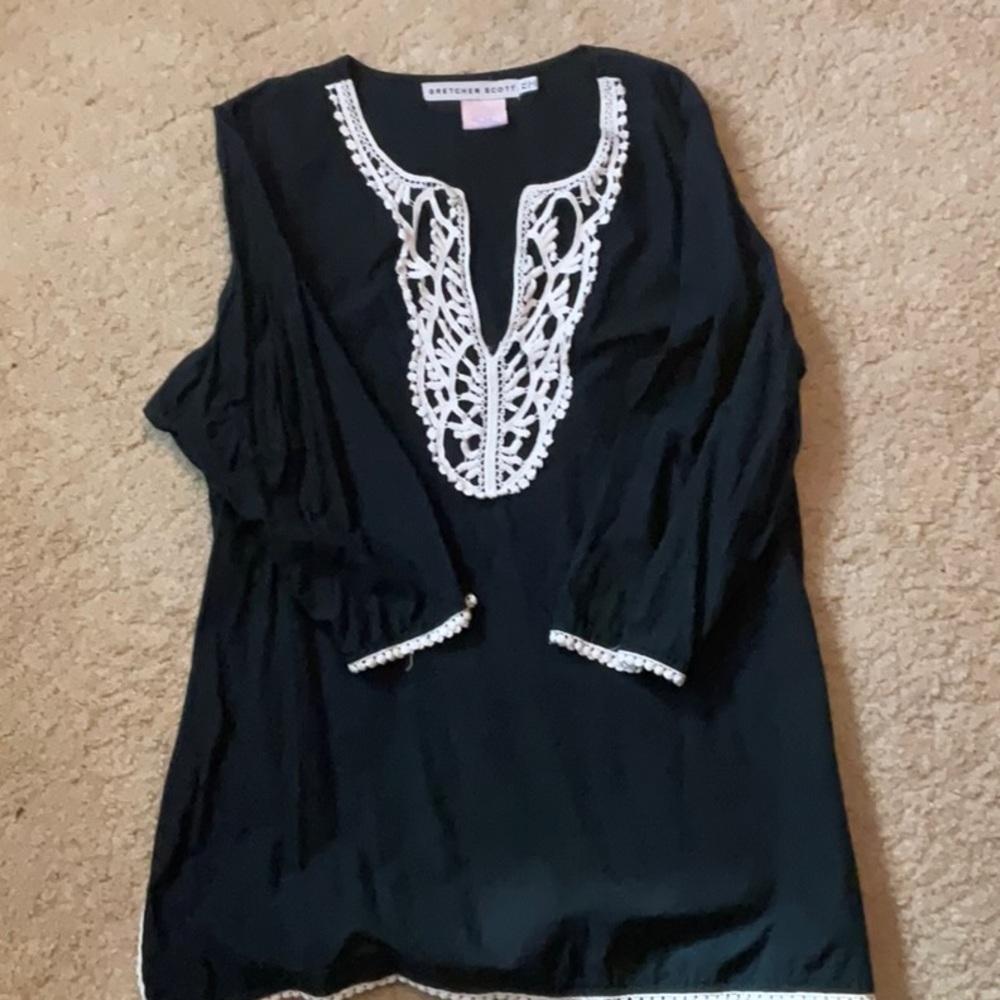 Gretchen Scott XL 100% cotton tunic black w white Trim
